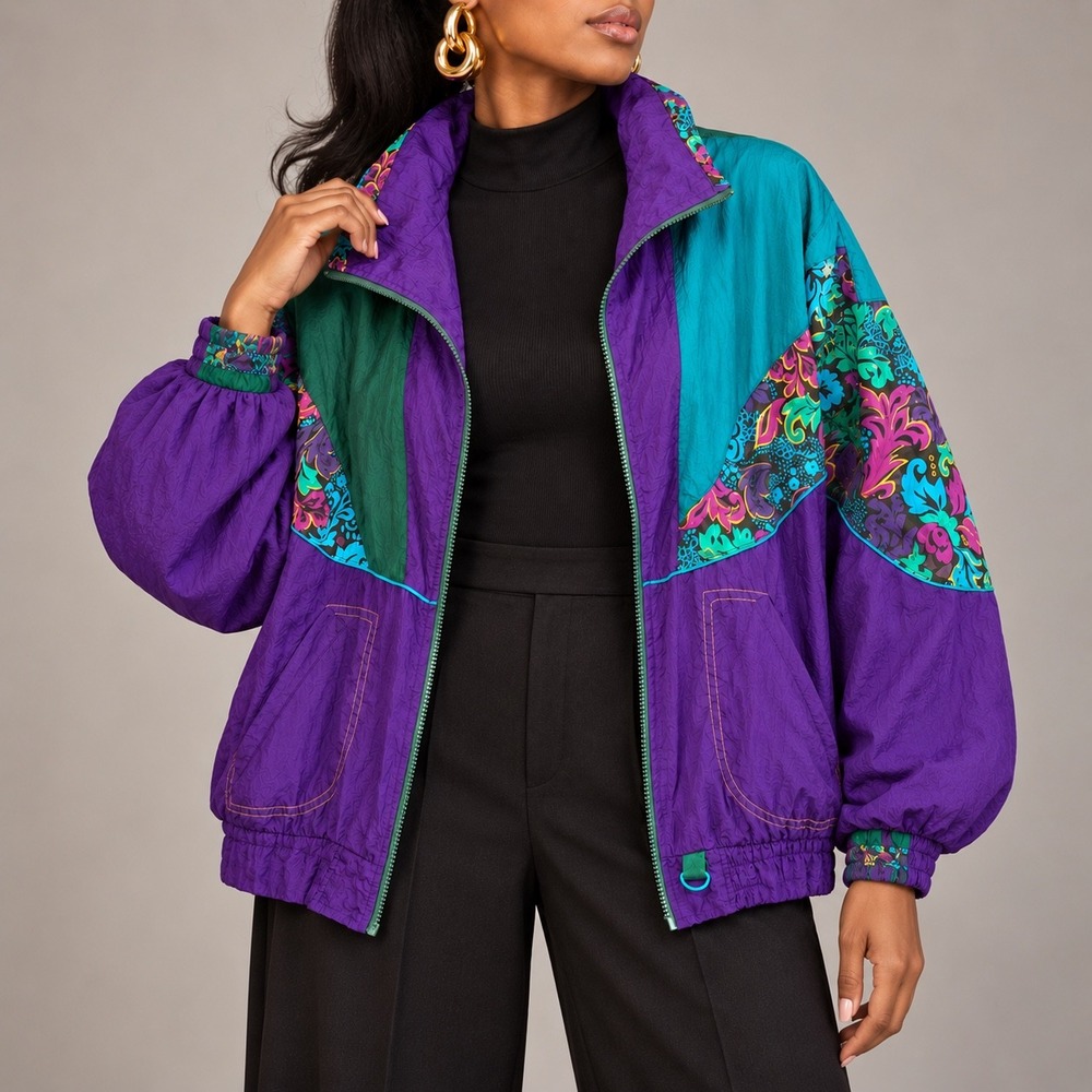 M 196 Vintage Westside Connection Colorblock Floral Nylon Windbreaker Jacket